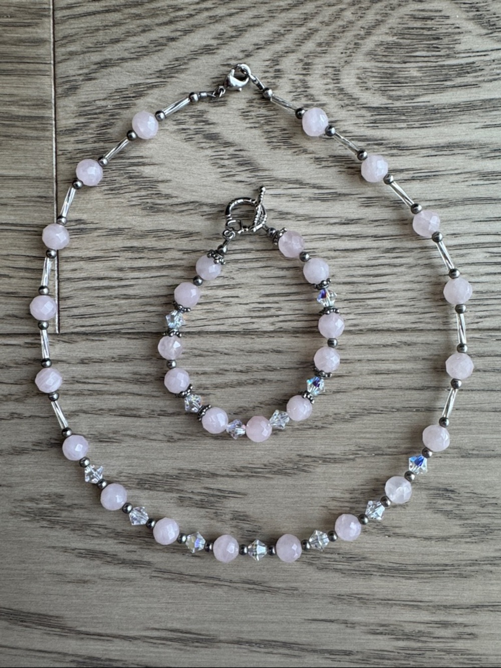 Rose Quartz and Swarovski Crystal Bead Necklace & Bracelet Set
